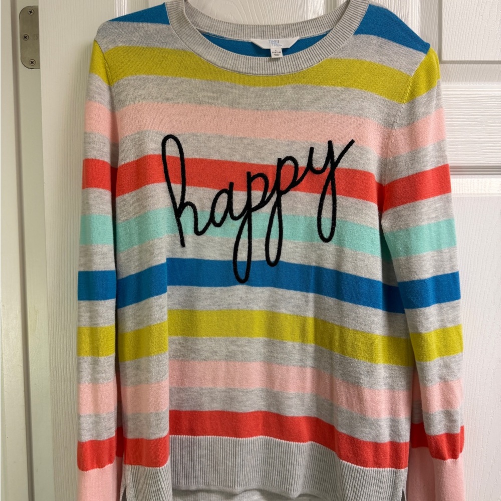 Time and Tru Gray and Blue HAPPY Sweater